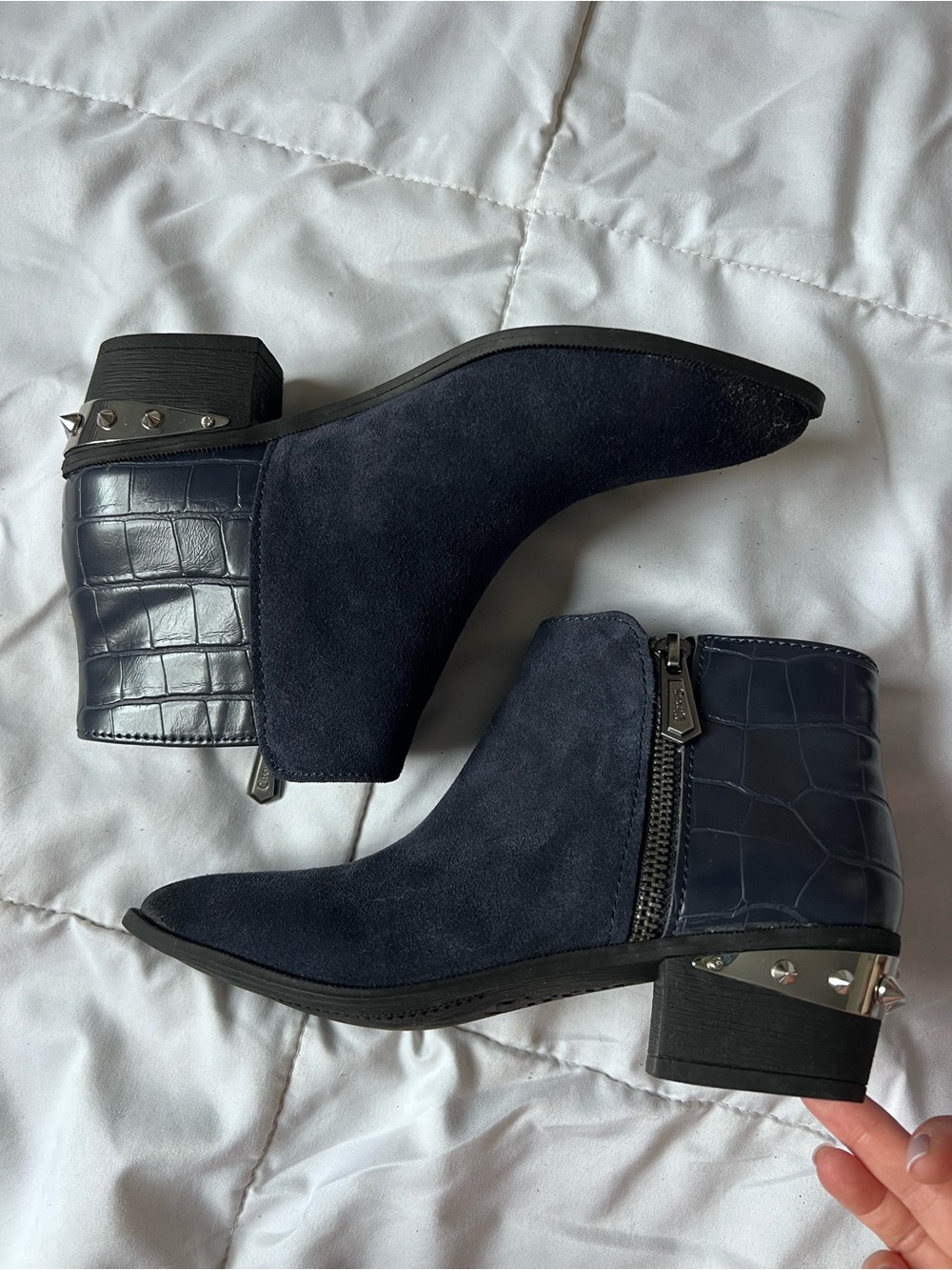 Circus by Sam Edelman Navy Suede Ankle Boots with Croc-Texture Heel